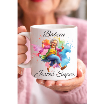 Kubek dla babci z napisem „Babciu, Jesteś Super” i kolorową ilustracją – prezent na Dzień Babci